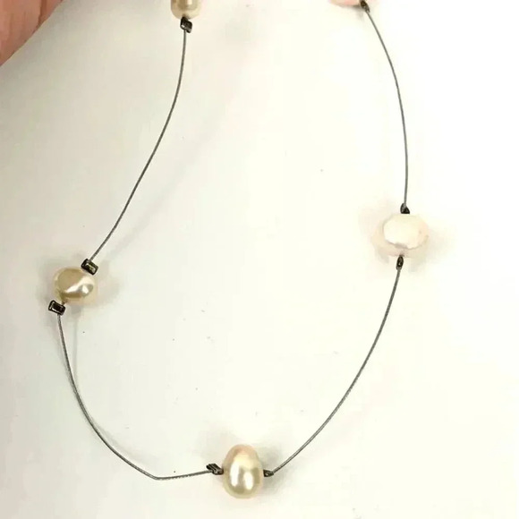 Baroque Pearl Wire Floating Necklace Silver .925 15" Choker - Picture 1 of 8